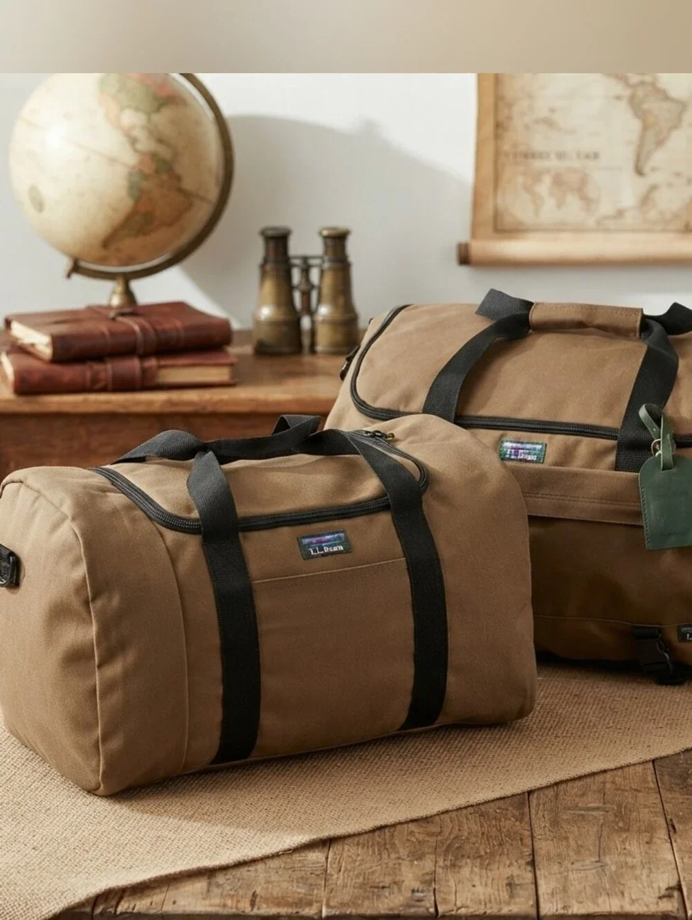 Vintage L.L. Bean Brown Canvas Duffle Bags Weekender Travel Gear Retro Blue Logo